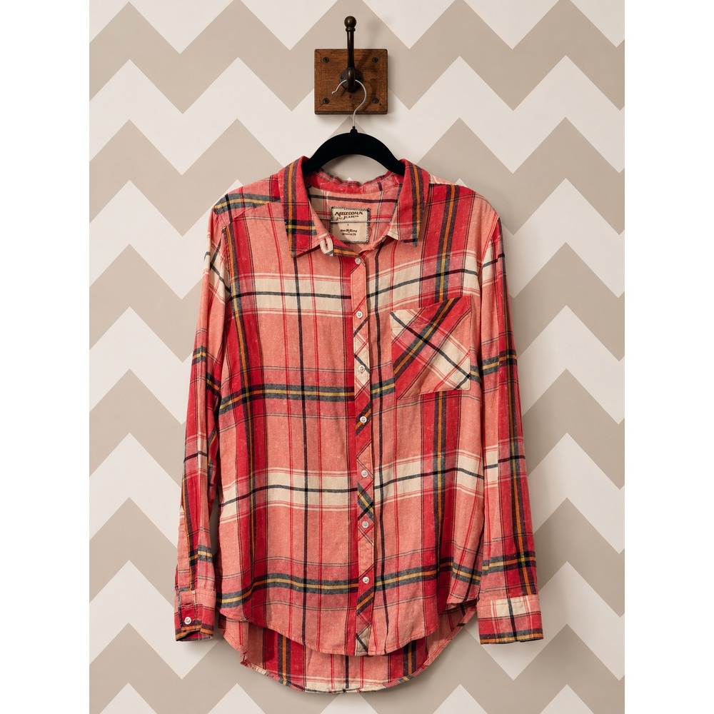 Arizona Jean Co Button Down Plaid Boyfriend Fit Shirt Large